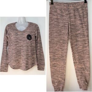 Bobbie Brooks Thermal Pink Grey Long Sleeve Top Pants Pajama Set Women M stretch